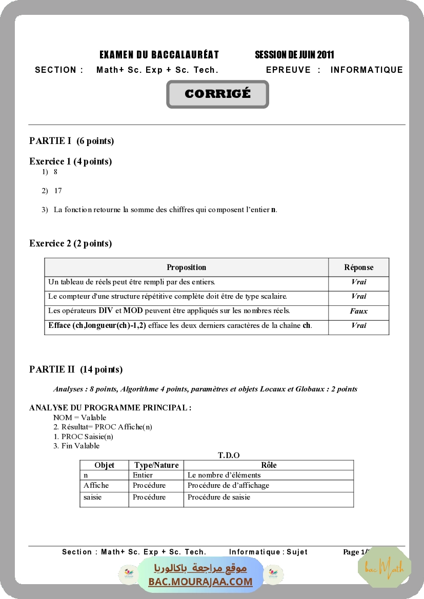 Corrigé principale info Bac 2011 – Section math